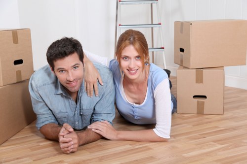 Office furniture, boxes, and equipment prepared for relocation